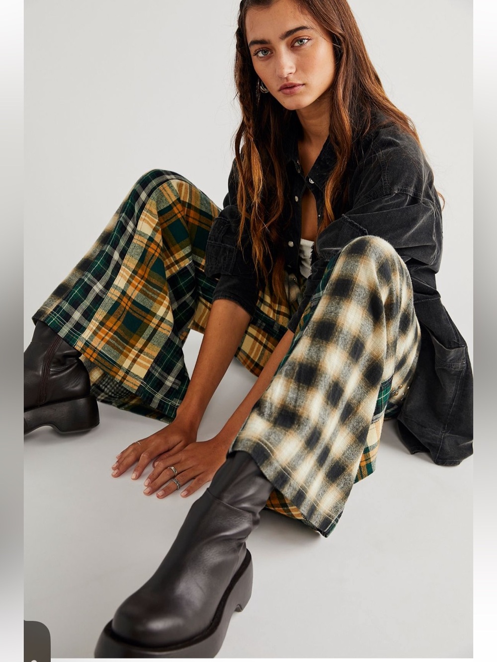 Free People Plaid Wide-Leg Pants in Green & Mustard